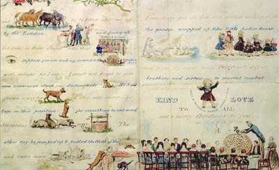 Ein Weihnachtsbrief, geschrieben mit Piktogrammen (Feder und Tinte und Aquarell auf Papier) von John Everett Millais